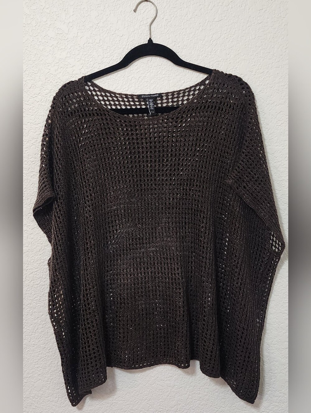 EILEEN FISHER XL 100% Organic Linen Mesh Open Knit Poncho Top Olive Brown S23